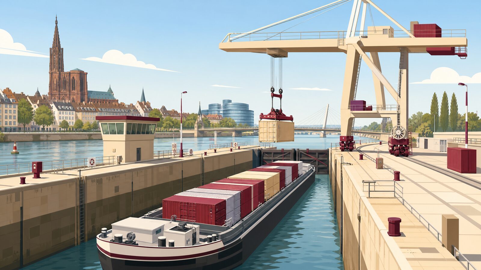 Illustration d'une écluse sur le Rhin avec une grue